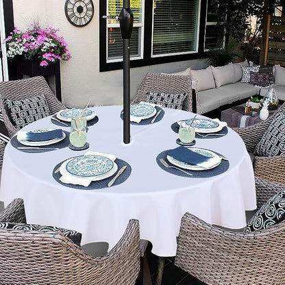 Fitable Outdoor and Indoor Tablecloth, White, 70 Inch Round | Washable Waterproof Wrinkle Free Table Cover, Zipper and Umbrella Hole, For Spring Summer Party Picnic Camping Patio