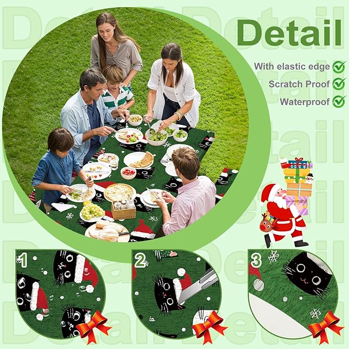 Christmas Picnic Table cover with Bench Cover, Outdoor Picnic Table Elastic Tablecloth, Christmas Hat Green Cat Design, Camping, Barbecue and Holiday Party Tablecloth