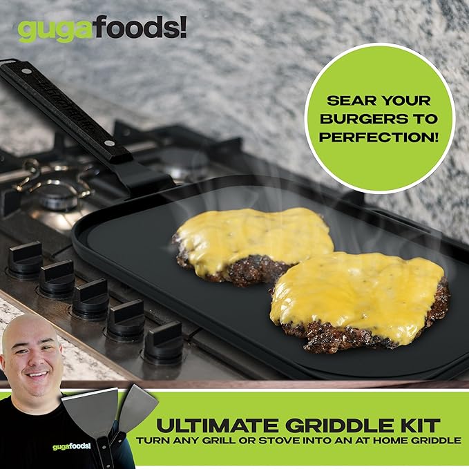 Guga Foods Ultimate Griddle Kit Set- Transform Any Grill or Stove, Includes Cast Iron Griddle with Detachable Handle, Stainless Steel Angled & Straight Edge Spatulas, For Cooking Indoor Or Outdoor