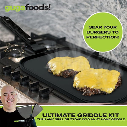 Guga Foods Ultimate Griddle Kit Set- Transform Any Grill or Stove, Includes Cast Iron Griddle with Detachable Handle, Stainless Steel Angled & Straight Edge Spatulas, For Cooking Indoor Or Outdoor