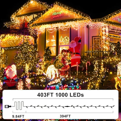 KNONEW 403FT 1000 LED Christmas Lights Outdoor String Lights 8 Modes & Timer Fairy Light Plug in Waterproof LED String Lights for Xmas Yard Tree Wedding Party Holiday Decorations (Warm White)