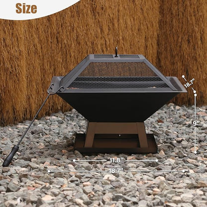 19.8inch Portable Small Fire Pit with a Removable Ash Pan, Fire Poker, Mesh Lid, 2 in 1 Square Outdoor Fireplace for BBQ, Outside Heating, Bonfire Party, Camping, Backyard, Patio, RV Trip