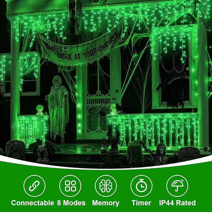 QITONG Green Halloween Lights, 33ft 400 LED Icicle Light for Outside with 8 Modes, Clear Wire Connectable Christmas String Lights Plug in Indoor