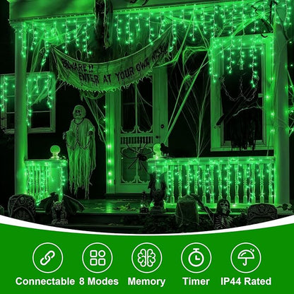 QITONG Green Halloween Lights, 33ft 400 LED Icicle Light for Outside with 8 Modes, Clear Wire Connectable Christmas String Lights Plug in Indoor