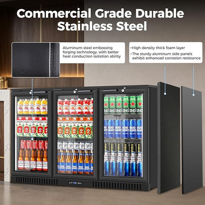 Back Bar Cooler with 3 Glass Door, 11.2 Cu.Ft Commercial Beverage Fridge, Under Counter Display Refrigerator with Safety Lock for Beer, Soda, Wine, Built-In/Freestanding for Bar Store Restaurant