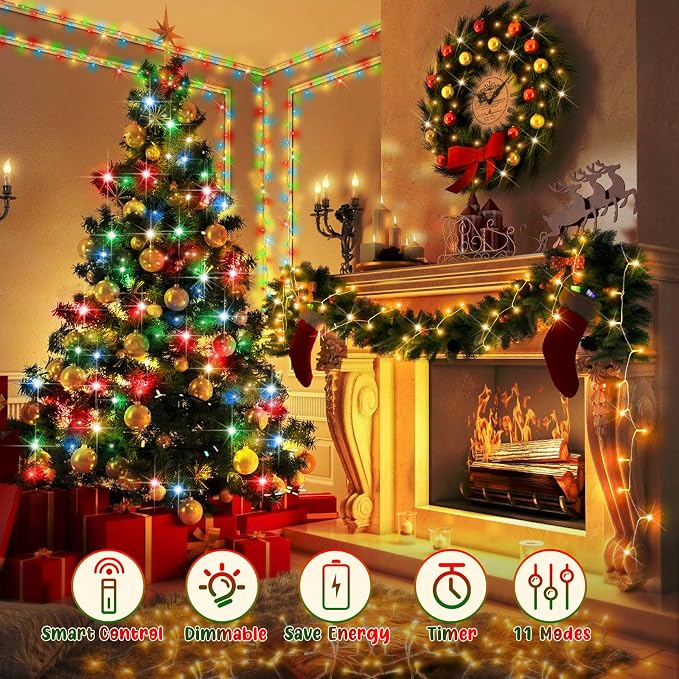 Hezbjiti 403FT 1000LED Color Changing Christmas Lights Outdoor, 11 Modes String Lights IP44 Waterproof Fairy Lights for Party Wedding Tree Decorations (Warm White and Multicolor, Green Wire)
