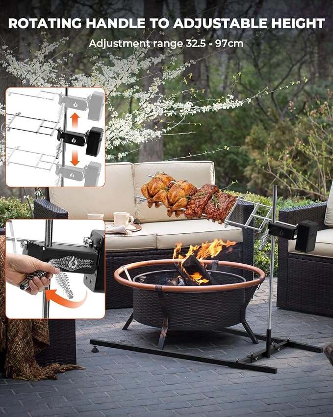onlyfire Spit Rotisserie Kit with Stand, Open Flame Camping Grill for Outdoors, Cooking Over Any Grill or Fire - Include Motor, Power Adapter and USB Cable