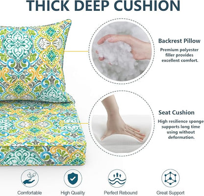 DYTXIII Outdoor Deep Seat Cushion Set, Water Repellent 24"x24" Patio Thick Cushions Replacement with Seat & Back Pillow for Patio Sofa, Wicker Chair, Couch - Damask Green