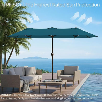 15FT Large Patio Umbrella with Base, Double Sided Rectangular Outdoor Umbrella with Sturdy Fiberglass Ribs, UPF 50+ Sun Protection, Wind-Resistant, Waterproof Fade-Resistant Fabric for Pool, Garden, Backyard, Deck(Lake Blue)