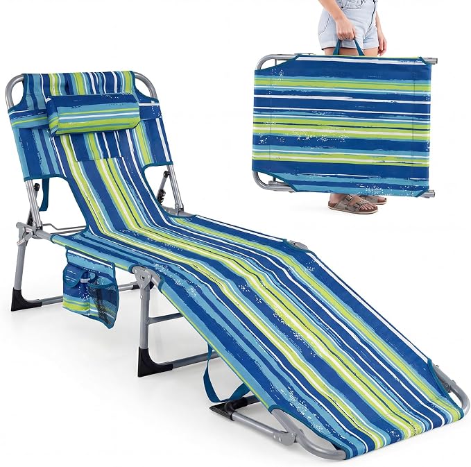 GYMAX Tanning Chair with Face Hole, Sun Bathing Lounge Chairs for Outside with Side Pocket, Folding Portable Face Down Layout Tanning Chair Beach, Backyard, Poolside, Lawn (Blue Stripe,1)