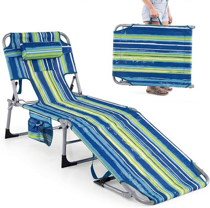 GYMAX Tanning Chair with Face Hole, Sun Bathing Lounge Chairs for Outside with Side Pocket, Folding Portable Face Down Layout Tanning Chair Beach, Backyard, Poolside, Lawn (Blue Stripe,1)