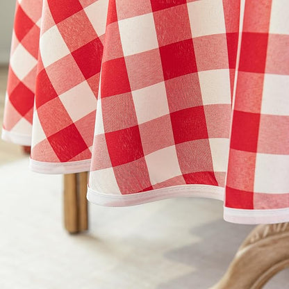 Red and White Gingham Tablecloth, Waterproof Outdoor Picnic Table Cover for Summer BBQ, Farmhouse Kitchen, Patio Dining, Reusable Machine Washable Checkered Table Cloth, 60" Round