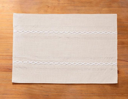 Wracra Cotton Linen Place Mats, Ivory Embroidered Placemats Set of 8 | Placemats 12 x 18 Inch; Cotton Linen Woven Fabric; Heat Resistant Table Mats; Raised Embroidered Hollow Design