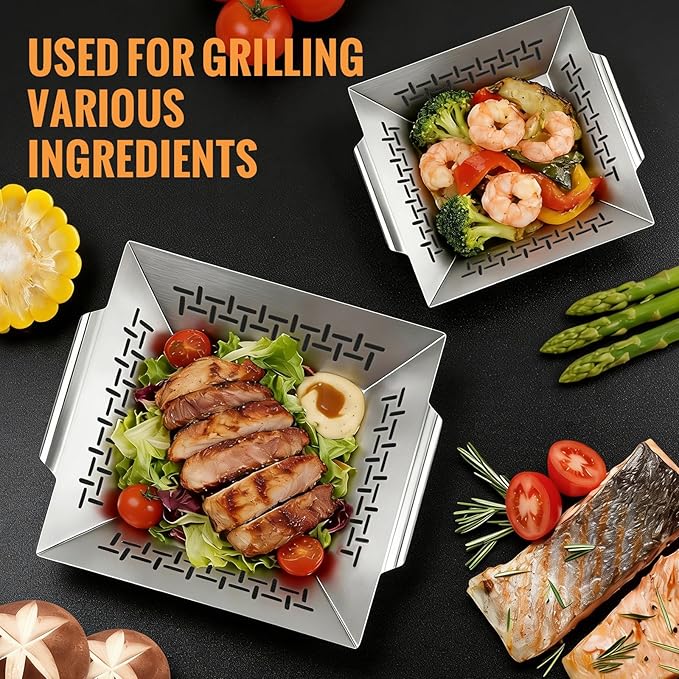 2 Pack Vegetables Grill Baskets for Veggies,Grill Basket for Outdoor Grill,Stainless Steel Grill Basket,Grilling Accessories for & Smokers,14"x12.5",white