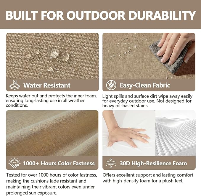 Goodgoods 19.5 x 20 Outdoor Chair Cushions Set of 4, Fade-Resistant & Water-Resistant Patio Seat Cushion Pads with Ties, 30D High-Resilience Foam for Dining Room Kitchen Chairs, Toffee