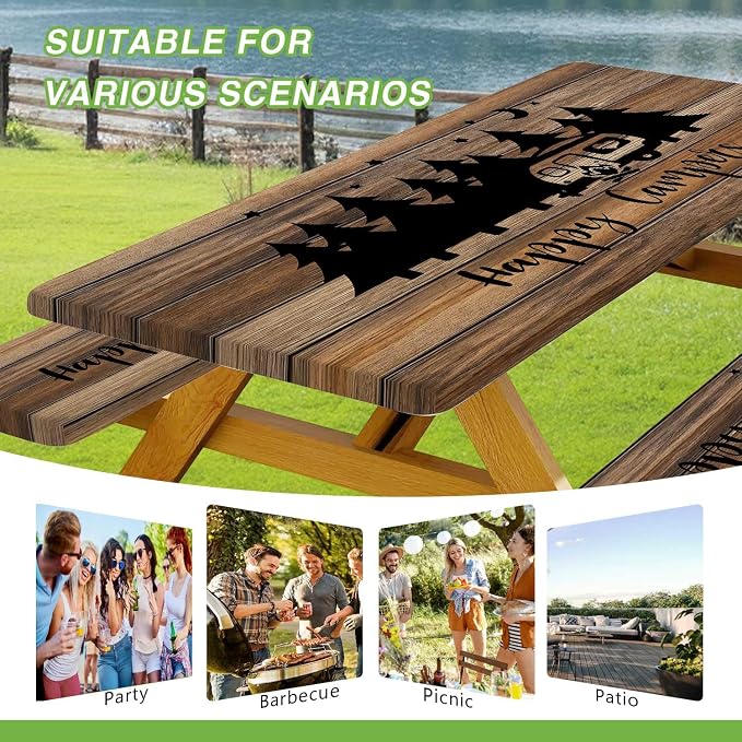 JAWO Picnic Table Cover with Bench Covers, Rustic Wooden Camper Fitted Table Cover, Outdoor Patio Camping Essentials, Waterproof Camping Fitted Tablecloth with Drawstring Bag, 30X60inches