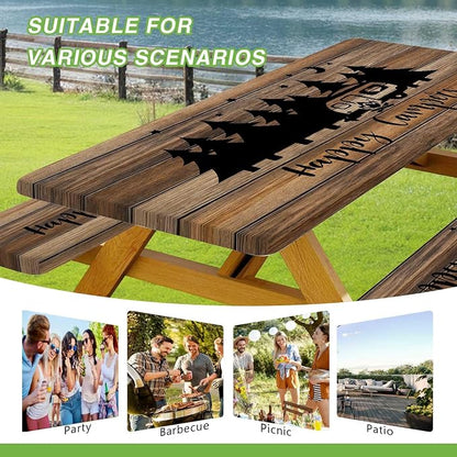 JAWO Picnic Table Cover with Bench Covers, Rustic Wooden Camper Fitted Table Cover, Outdoor Patio Camping Essentials, Waterproof Camping Fitted Tablecloth with Drawstring Bag, 30X96inch