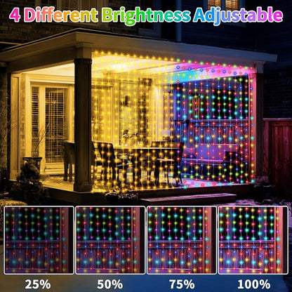 Solar Curtain Lights Outdoor 10x10Ft 300LED Multicolor Warm White Dual Color Changing Curtain Light with Dimmable Waterproof Remote Timer Memory for Christmas Weddings Party Gazebo
