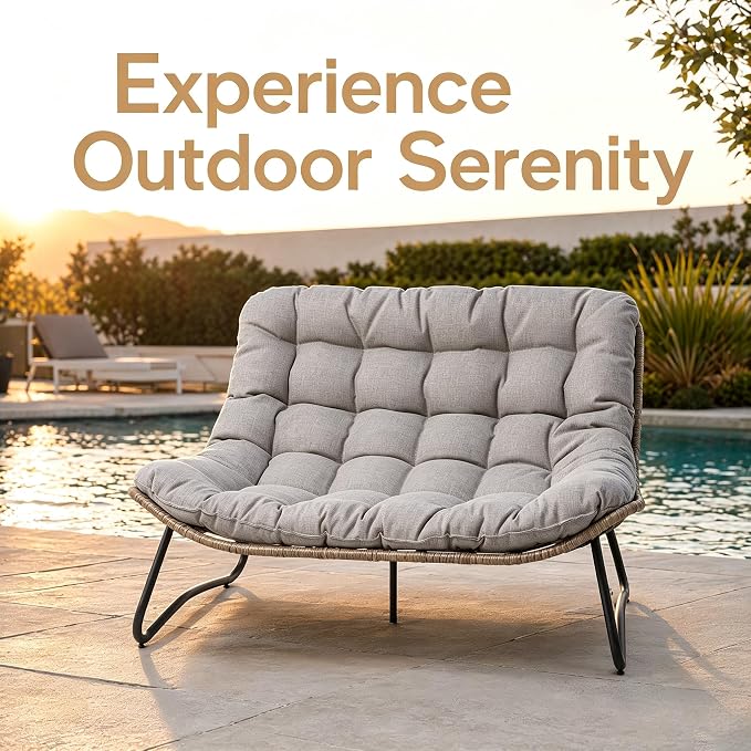 Outdoor Loveseat 2-Seat Wicker Rattan Boho Patio Sofa Grey 1PC | 53"x36"x30", 13" seat height. 4" thick cushions, 1000lb cap. All-weather PE rattan, rust-proof frame. Grey, 1PC.