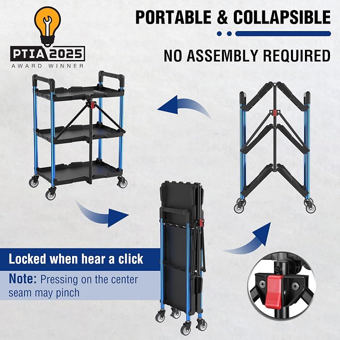 WORKPRO 3-Tier Collapsible Utility Cart, 210 LBS Cart with Wheels | No Assembly Required, Foldable Service Cart with Spacious Shelves for Garage, Warehouse, Office & Home Use, Black/Blue
