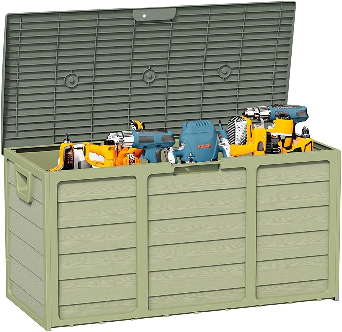 75 Gallon Outdoor Deck Storage Box – Heavy Duty Resin with Lockable Lid, Waterproof & UV Resistant for Patio Furniture, Garden Tools(Green)