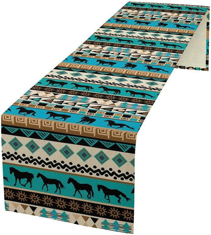 Aztec Horse Print Table Runner, Spring Summer Seasonal Holiday Kitchen Dining Table Decoration for Indoor Outdoor Home Party 13x70 Inch