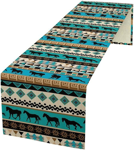 Aztec Horse Print Table Runner, Spring Summer Seasonal Holiday Kitchen Dining Table Decoration for Indoor Outdoor Home Party 13x70 Inch