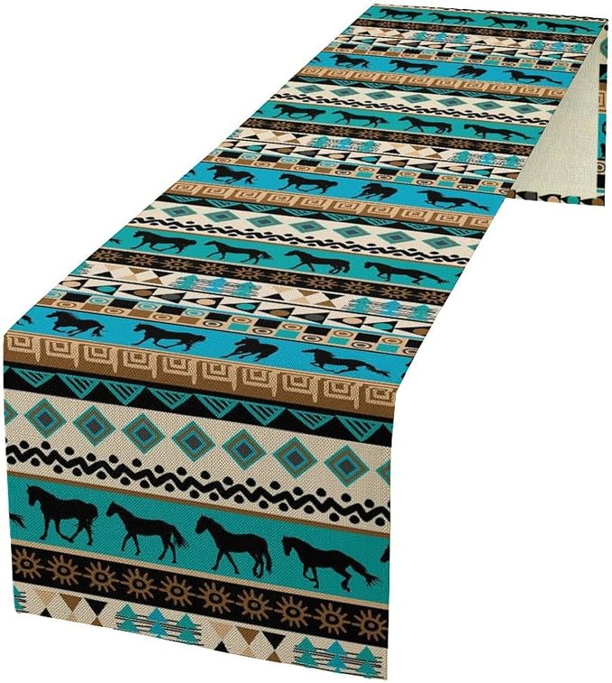 Aztec Horse Print Table Runner, Spring Summer Seasonal Holiday Kitchen Dining Table Decoration for Indoor Outdoor Home Party 13x36 Inch