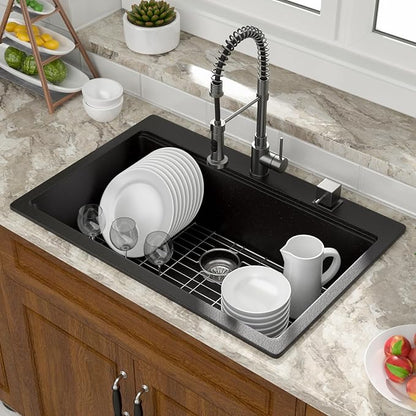 Mocoloo 33 Inch Drop in Workstation Kitchen Sink, 33x22 Matte Black Granite Composite Quartz Single Bowl Topmount Ledge Sink Above Counter