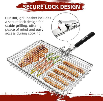 Grill Basket Extra Large, SUS304 Stainless Steel, Portable Folding BBQ Camping Grilling Rack for Fish, Vegetables, Shrimp, Barbeque Griller Cooking Accessories, Grilling Gifts for Men, Dad