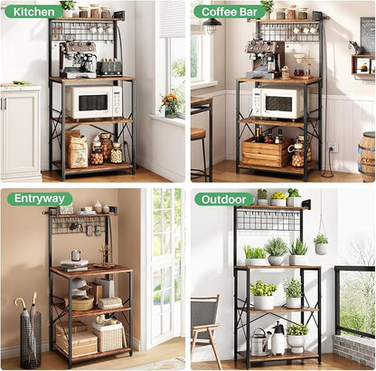 SNTD Bakers Rack with Power Outlet, Microwave Stand, Rustic Brown, 23.5" W | Coffee Stand, 4 Tiers Kitchen Storage Shelves, Wire Grid Panel, 10 Hooks, Metal Frame, Triple X-Shaped Reinforcement