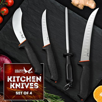 Golden Bird Butcher Knife Set - 4 Piece Professional BBQ Knife Set Include 6" Boning, 6" Skinning, 10" Butcher Breaking Knives & 8" Sharpener Rod, Gifts for Men Women