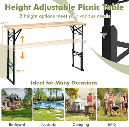 5.5FT Folding Picnic Beer Table, Outdoor Camping Table with Umbrella Hole & 2 Adjustable Heights, Heavy Duty Metal Frame & Solid Wood Top, Portable Picnic Table for Patio, Garden, Backyard