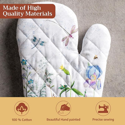 Maison d'Hermine Oven Gloves 100% Cotton Oven Mitt 7" x 13" with Loop Heat Resistant BBQ Cooking Gloves Baking Grilling Kitchen Hotel Home Farmhouse Spring Summer (Pack of 1, Fleurs De Mai)