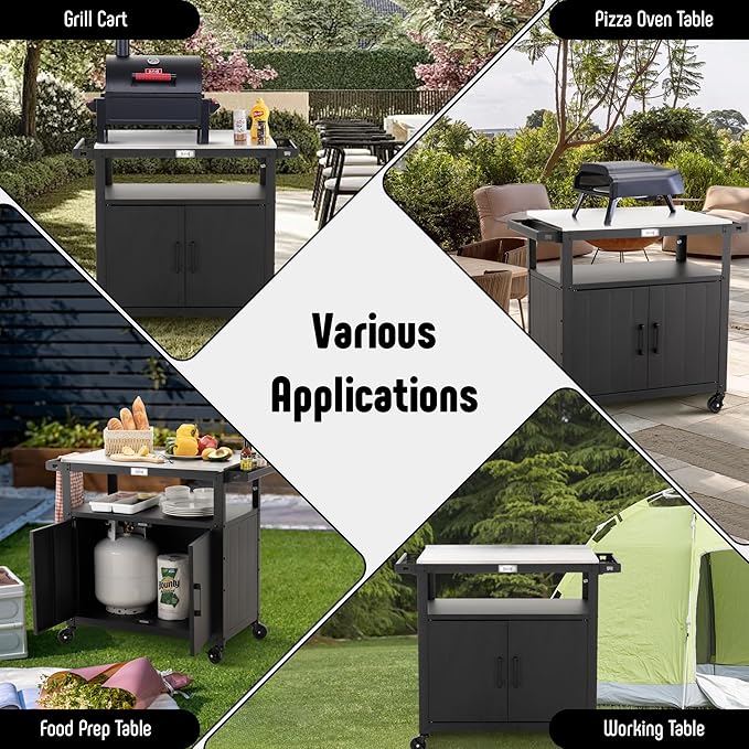 Feasto Outdoor Grill Cart with Stainless Steel Tabletop and Storage Cabinet, Movable Kitchen Island with Wheels for BBQ Food Prep, Black