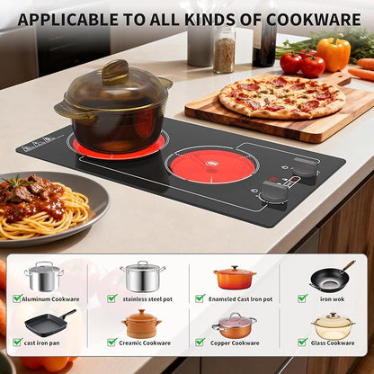 GIHETKUT Electric Cooktop,110V 2100W Stove top,9 Power Levels, Kids Lock & Timer, Hot Surface Indicator, Overheat Protection,knob and touch control 2 burner Electric cooktop