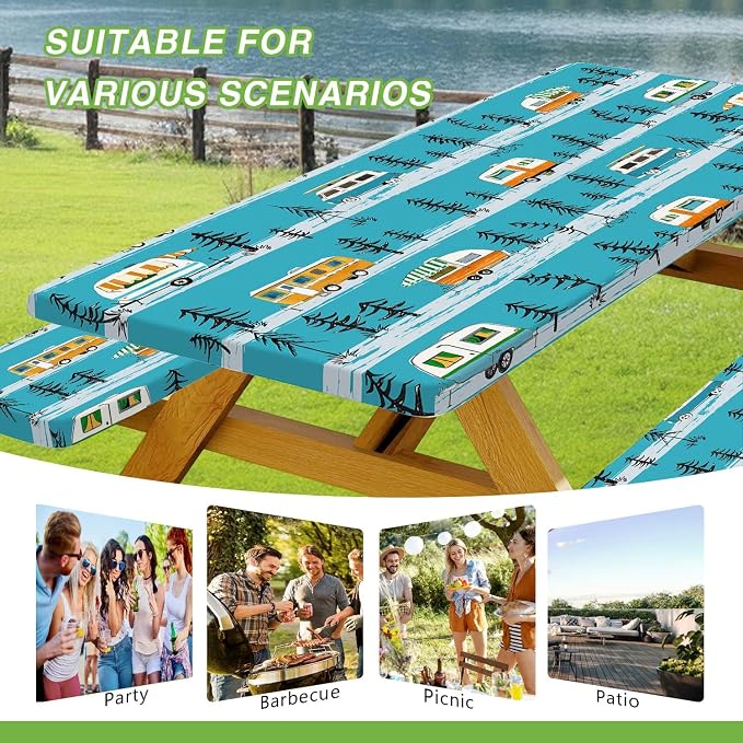 JAWO Picnic Table Cover with Bench Covers, Camper Camping RV Essentials Gear Supplies Outdoor Waterproof Windproof Tablecloth with Elastic, 96in