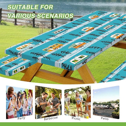 JAWO Picnic Table Cover with Bench Covers, Camper Camping RV Essentials Gear Supplies Outdoor Waterproof Windproof Tablecloth with Elastic, 96in