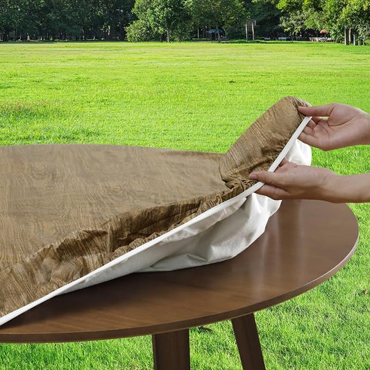 Romanstile Round Fitted Vinyl Tablecloth with Elastic Edge 100% Waterproof | Table Covers for 45"- 56" Tables, Wipeable Flannel Backed Plastic Table Cloths for Dinner Picnic Camping Outdoor, DarkWood