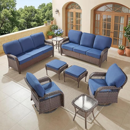 Belord Luxury Patio Furniture Set with 5-inch Thick Cushion, Outdoor Couch,Ottoman and High Back Swivel Rocker Patio Chairs, 8PCS Wicker Conversation Set for Deck Yard and Poolside,Blue