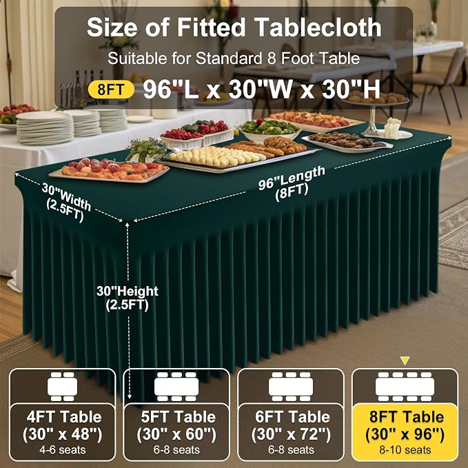 Smiry 2 Pack Spandex Elastic Fitted Table Cloth Skirt for 8FT Table | Stretch Washable Table Cloth, Banquet Table Cover for Wedding, Party, Indoor & Trade Shows, (Hunter Green, 96Lx30Wx30H)