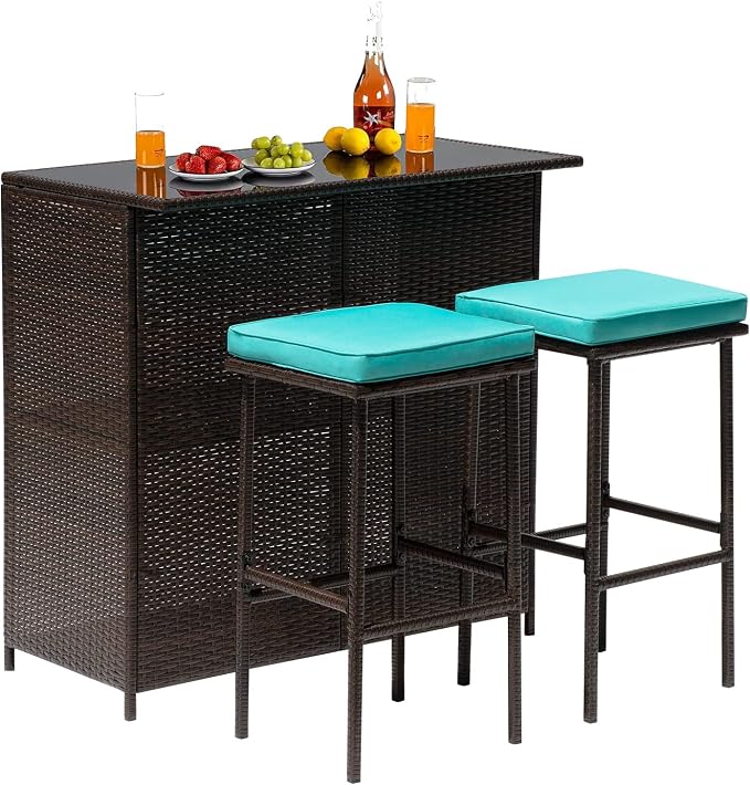 3PCS Patio Bar Set Outdoor Furniture Set Wicker Bistro Set with Two Stools for Patio Backyard Balcony,Blue Cushion