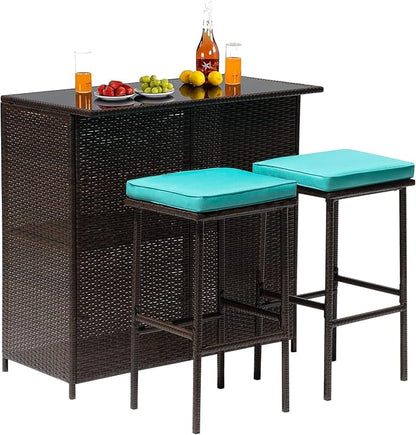 3PCS Patio Bar Set Outdoor Furniture Set Wicker Bistro Set with Two Stools for Patio Backyard Balcony,Blue Cushion