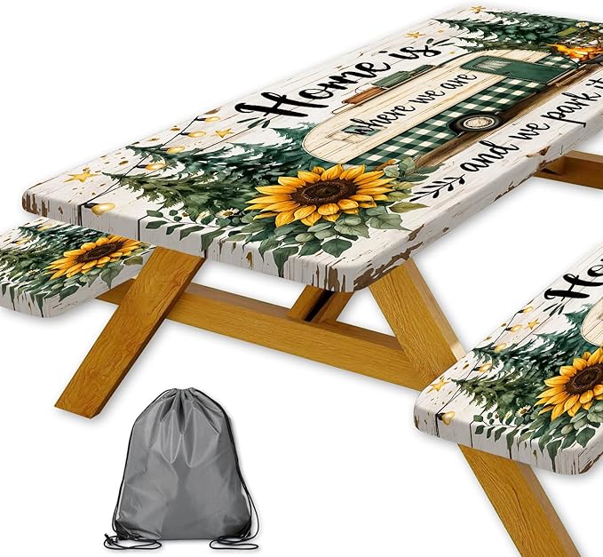 Picnic Table Cover with Bench Covers Camping Essentials Green Checkered RV Forest Sunflower Wooden Outdoor Table Covers with Elastic Waterproof Camping Tablecloth for Indoor & Outdoor 3 PCS 30x60 Inch