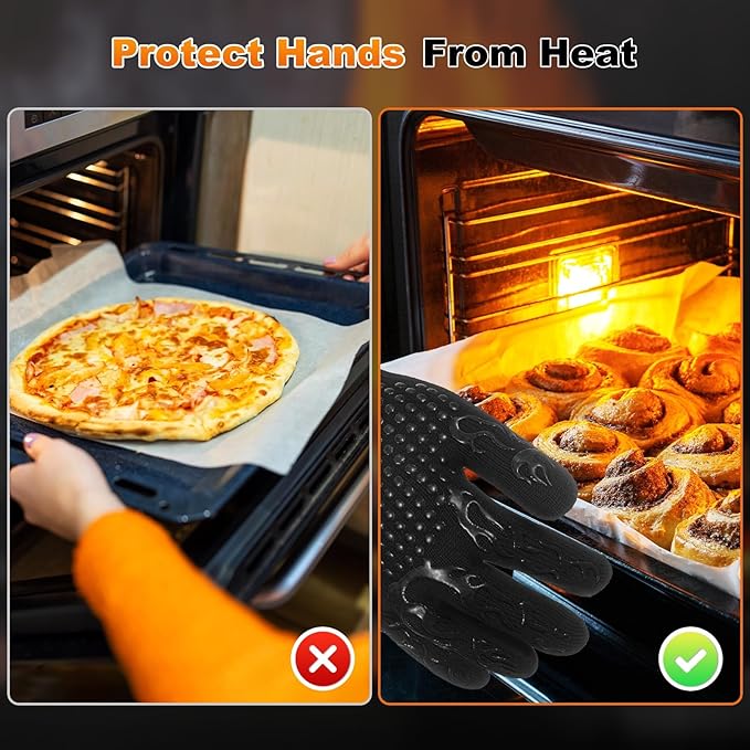 M METERXITY 1-Pair BBQ Gloves, 1472°F Heat Resistant Non-Slip Grilling Oven Gloves for Barbecue/Baking/Cooking, with Storage Bag [Flame Pattern L, Black]