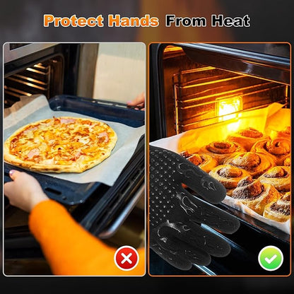 M METERXITY 1-Pair BBQ Gloves, 1472°F Heat Resistant Non-Slip Grilling Oven Gloves for Barbecue/Baking/Cooking, with Storage Bag [Flame Pattern L, Black]