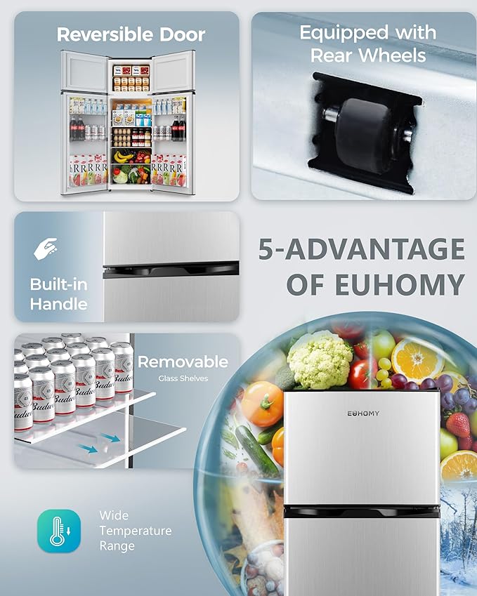 EUHOMY 7.4 Cu.Ft. Refrigerator with Freezer, 2 Door Fridge, Large Capacity, Adjustable Thermostat for Kitchen/Dorm/Apartment/Garage - Food Storage or Cooling Drinks, Silver