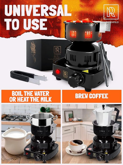 PRO Hookah Coal Burner for Hookah – Professional FIRE Tower Multipurpose Electric Stove for Coals Burner for Shisha, Free Hooka Tongs, Sisha Charcoal Heater for Shisha Cubes by M. ROSENFELD