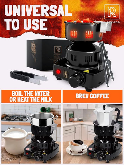 PRO Multipurpose Electric Charcoal Starter - Electric Charcoal Burner Approved Electric Stove - Coconut Charcoal Lighters with Tongs - 450W Hot Plate Electric with 304 Stainless Steel Coiled Burner