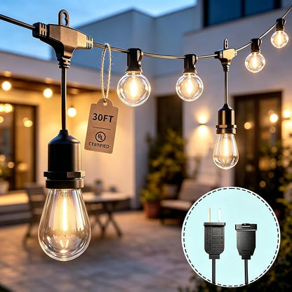 30Ft LED Outdoor String Lights with 13 S14 G40 Waterproof Bulbs Dimmable | Connectable Plug in Outside Hanging Lights for Indoor and Outdoor, Backyard, Bistro, Porch, Cafe,Deck,Garden,Warm White 2700K